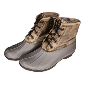 Sperry Top Sider Rain Boots Waterproof Rubber Lace Up Gray Tan Size 8M